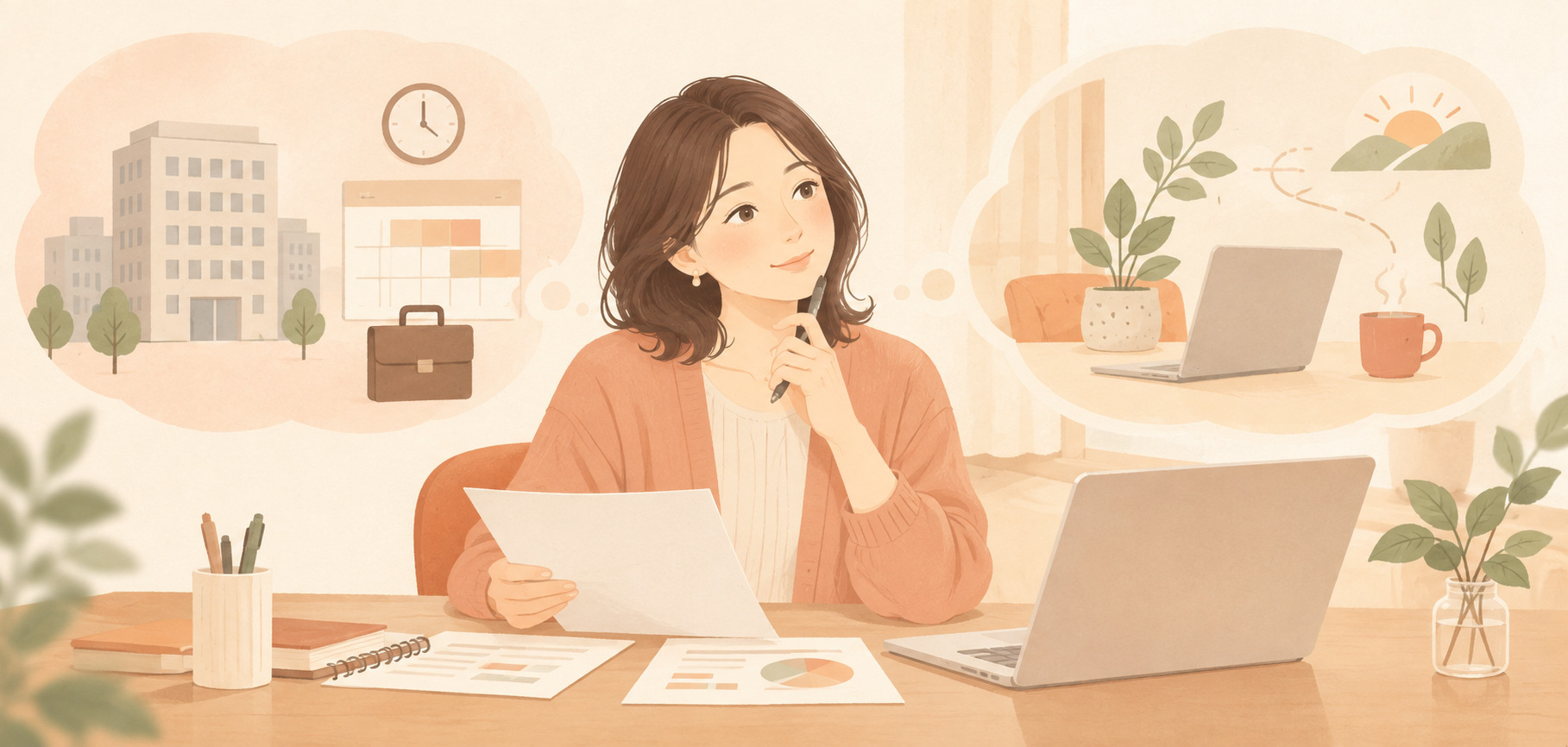 正社員とフリーランスの働き方を比較する女性のイラスト