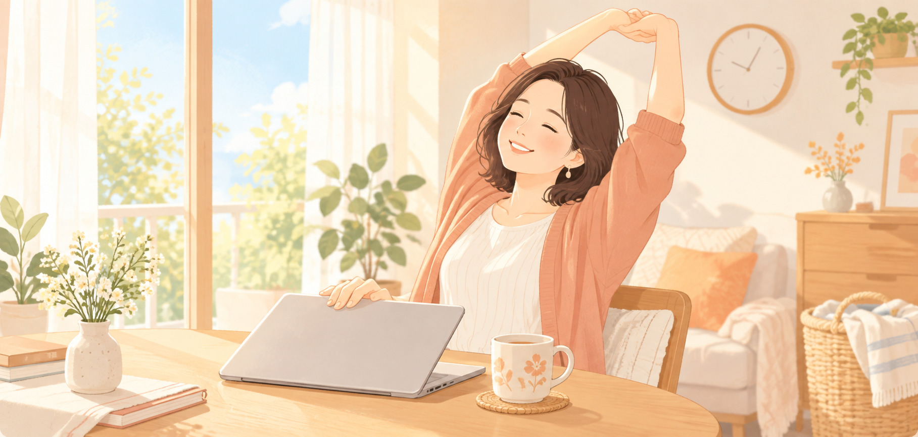 在宅ワークで叶う柔軟な毎日を表すイラスト