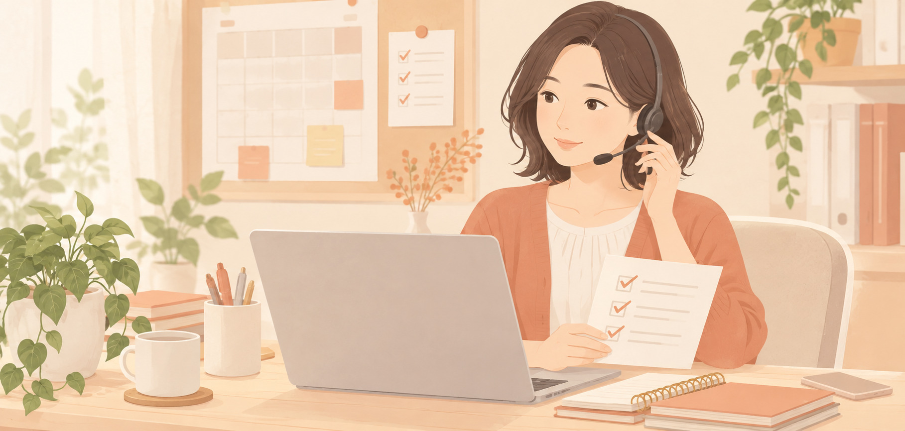 オンライン秘書としてタスクを整理する女性のイラスト