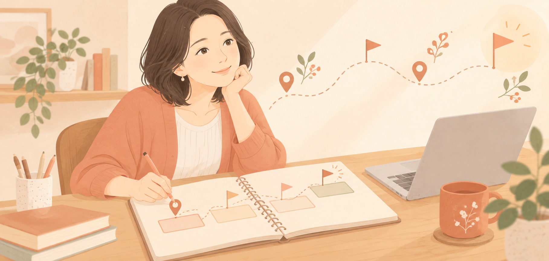 在宅ワークデビューまでのロードマップを描く女性のイラスト